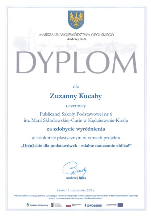 Dyplom dla Zuzanny Kucaby -wyróżnienie w konkursie