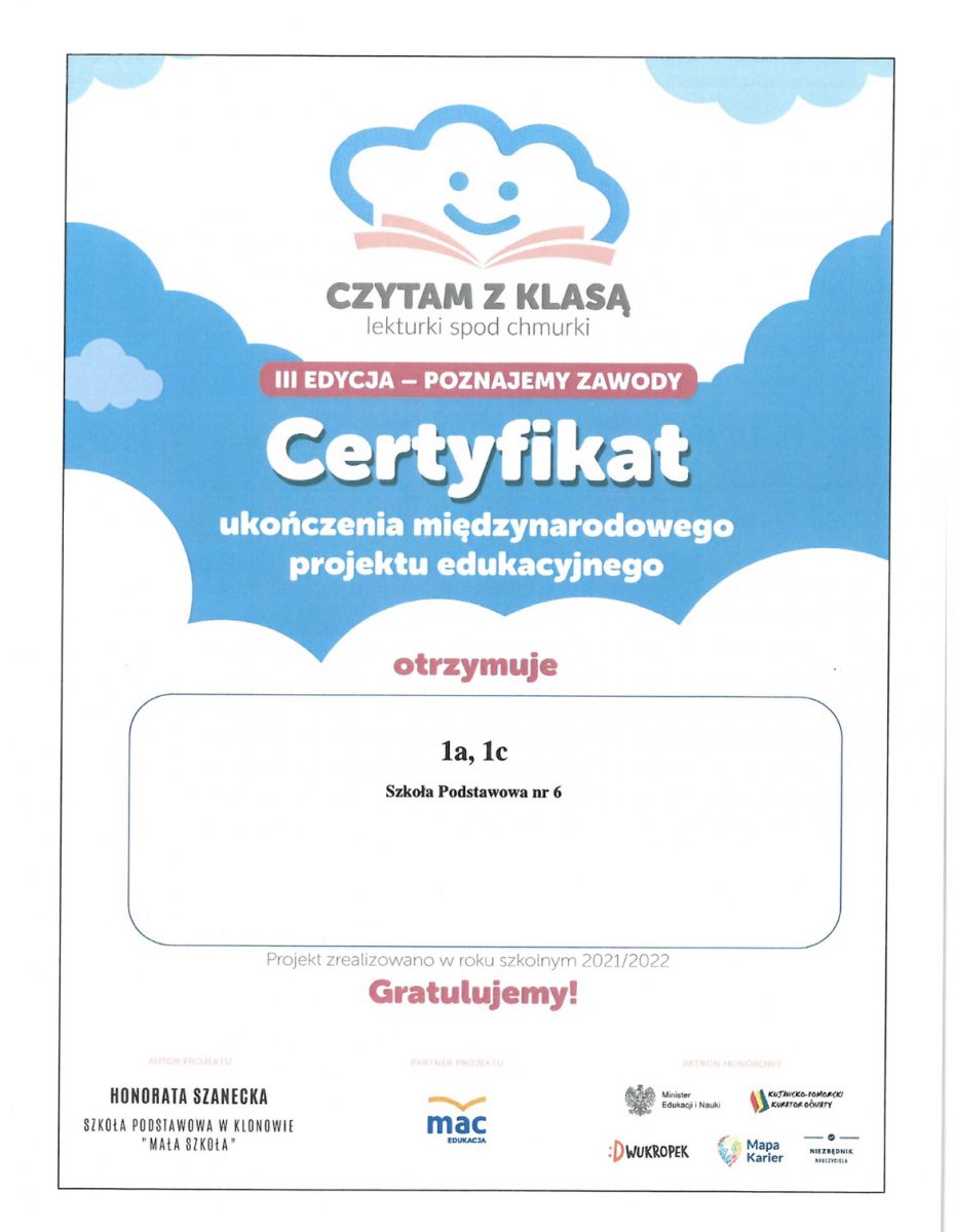 Certyfikat ukończenia projektu edukacyjnego CZytam z klasą