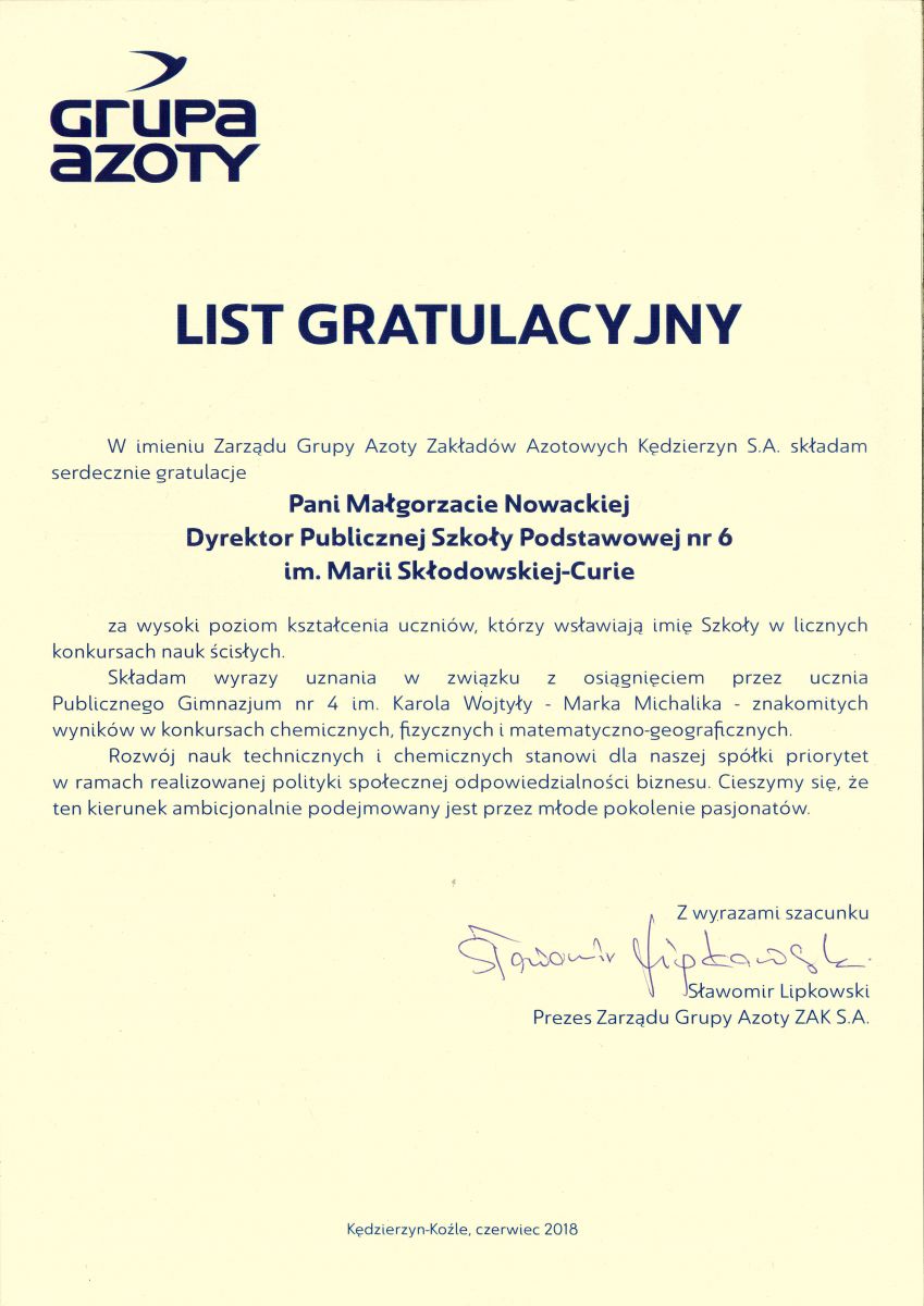 List gratulacyjny GRUPY AZOTY dla dyr. Małgorzaty Nowackiej za wysoki poziom kształcenia uczniów.