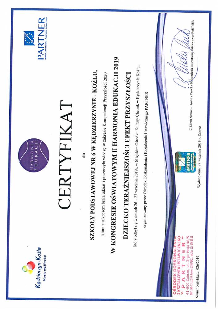Certyfikat potwierdzający udział szkoły w Kongresie Oświatowym-Harmonia Edukacji 2019