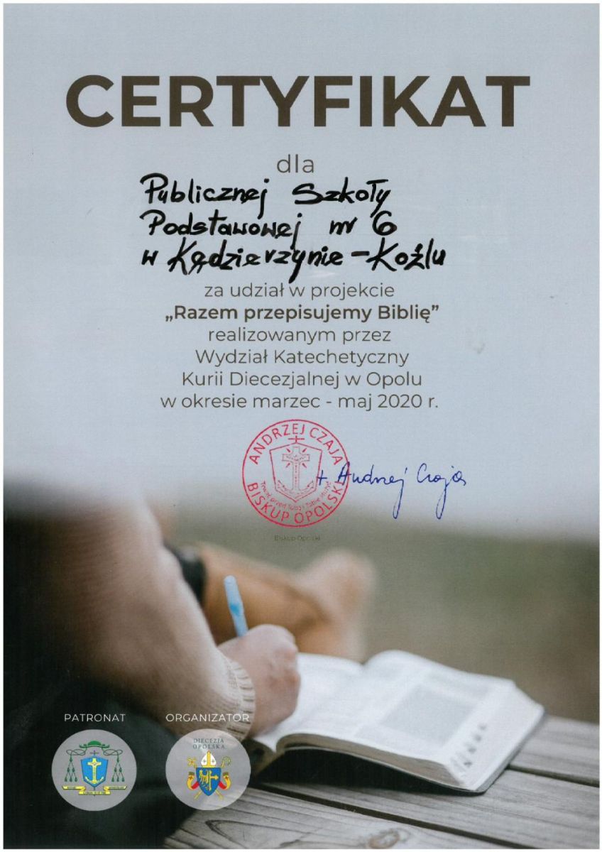 Podziękowanie dla szkoły za udział w projekcie " Razem przepisujemy Biblię"-maj 2020