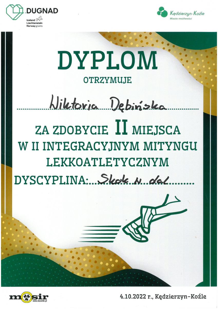 dyplom dla Wiktorii Dębińskej
