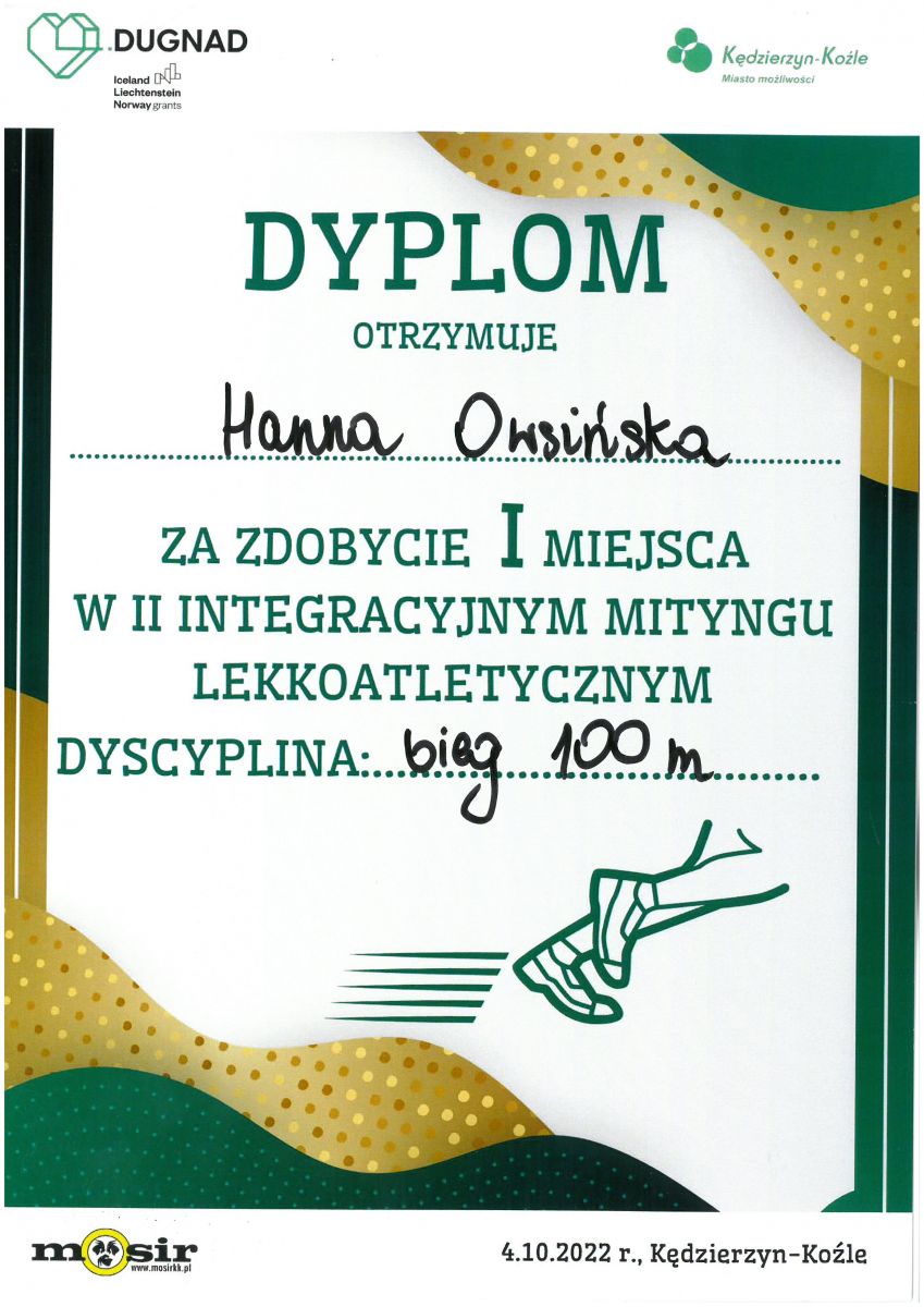 dyplom dla Hanny Owsińskiej
